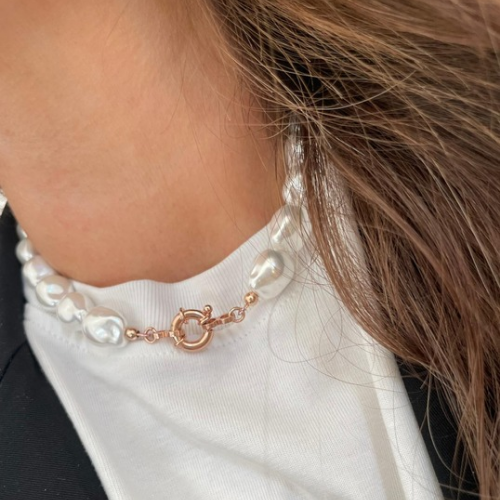 Choker in perle di Maiorca scaramazze con chiusura salvagente