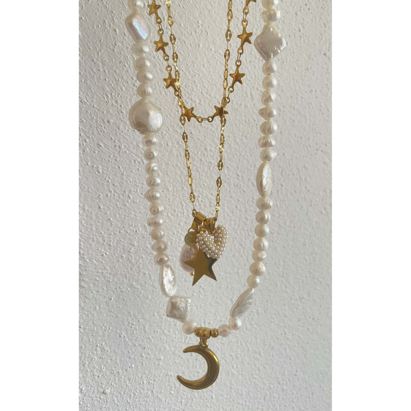 Collana con cuore in perle, stella e perla naturale