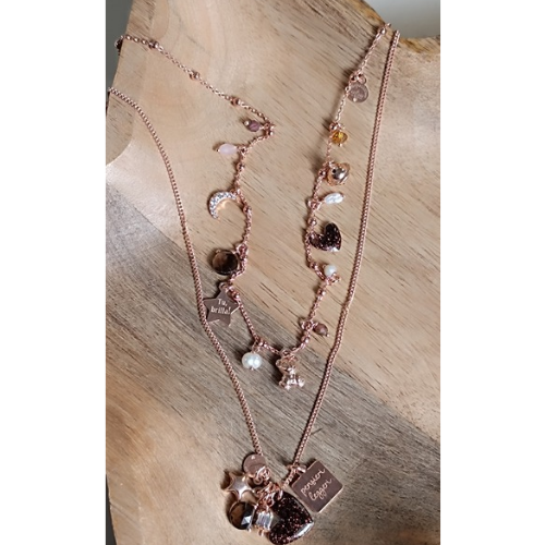 Collana mini Lucilla nei toni del marrone e perle con cuore in smalto marrone glitter