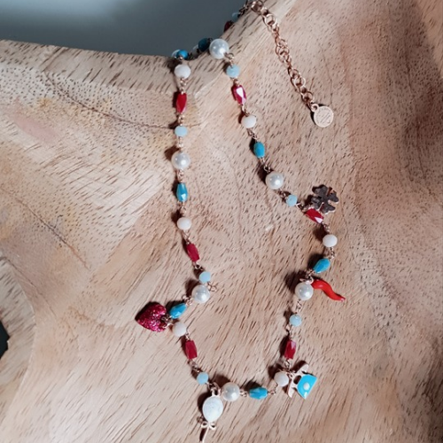 Collana miniLucilla nei toni fucsia e turchese con targhetta voglia di (a)mare e palloncino